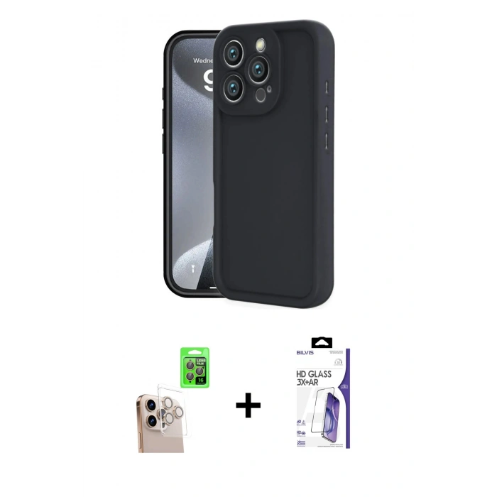 MARSİLYAN™- iPhone 16 Pro Max Kılıf Yankı Yansıma Özel Seri - Siyah Bilvis 3X AR HD Cam Ekran Koruyucu + Raze Metal Kamera Lens - NLGY