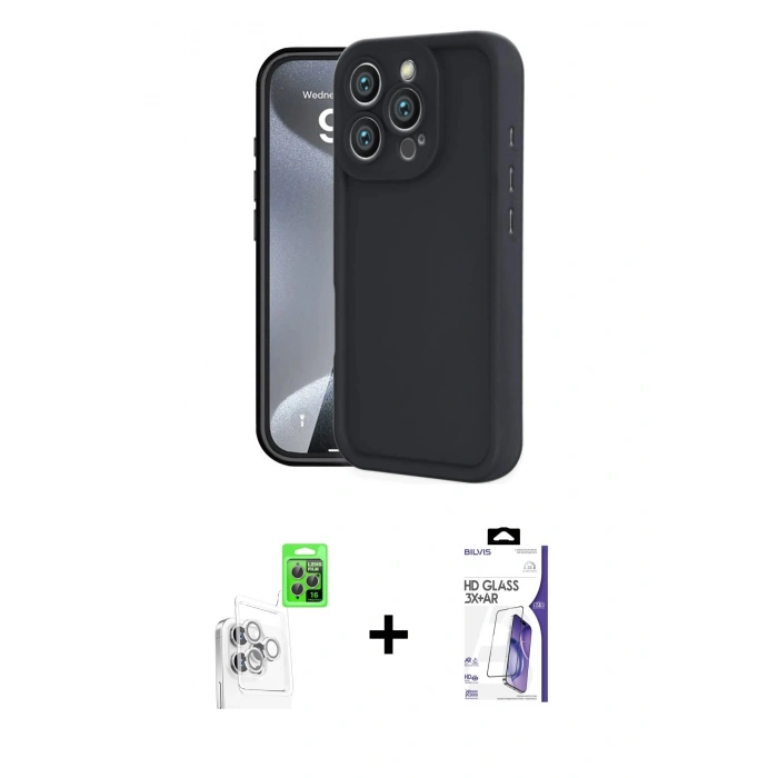 MARSİLYAN™- iPhone 16 Pro Max Kılıf Yankı Yansıma Özel Seri - Siyah Bilvis 3X AR HD Cam Ekran Koruyucu + Raze Metal Kamera Lens - BZ