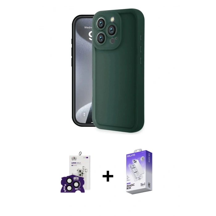 MARSİLYAN™- iPhone 16 Pro Max Kılıf Yankı Yansıma Özel Seri - Siyah Bilvis 5in1 3D Magic Cam Ekran Koruyucu + Siyah Bilvis Titan Kamera Lens