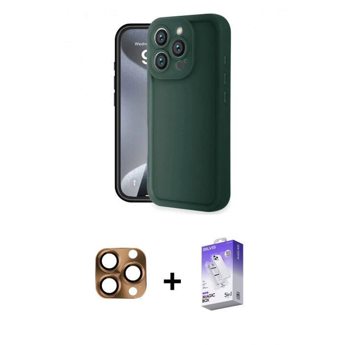 MARSİLYAN™- iPhone 16 Pro Max Kılıf Yankı Yansıma Özel Seri - Siyah Bilvis 5in1 3D Magic Cam Ekran Koruyucu + Çöl Titanyum Pers Alüminyum Kamera Lens