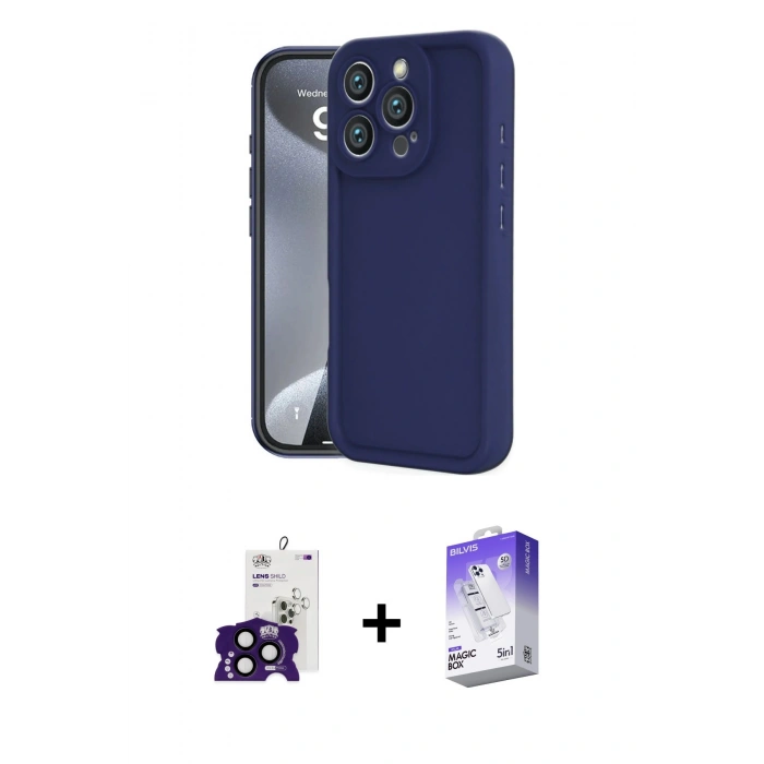 MARSİLYAN™- iPhone 16 Pro Max Kılıf Yankı Yansıma Özel Seri - Siyah Bilvis 5in1 3D Magic Cam Ekran Koruyucu + Siyah Bilvis Titan Kamera Lens
