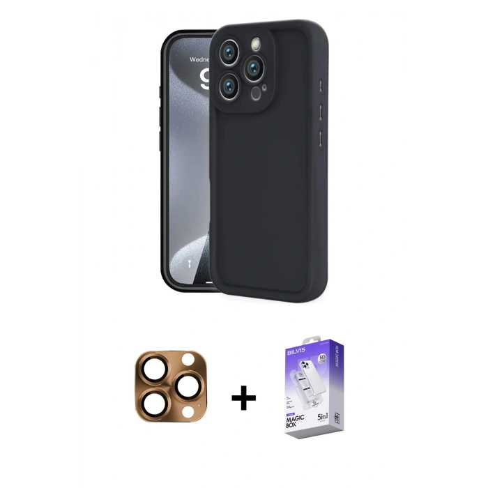 MARSİLYAN™- iPhone 16 Pro Max Kılıf Yankı Yansıma Özel Seri - Siyah Bilvis 5in1 3D Magic Cam Ekran Koruyucu + Çöl Titanyum Pers Alüminyum Kamera Lens