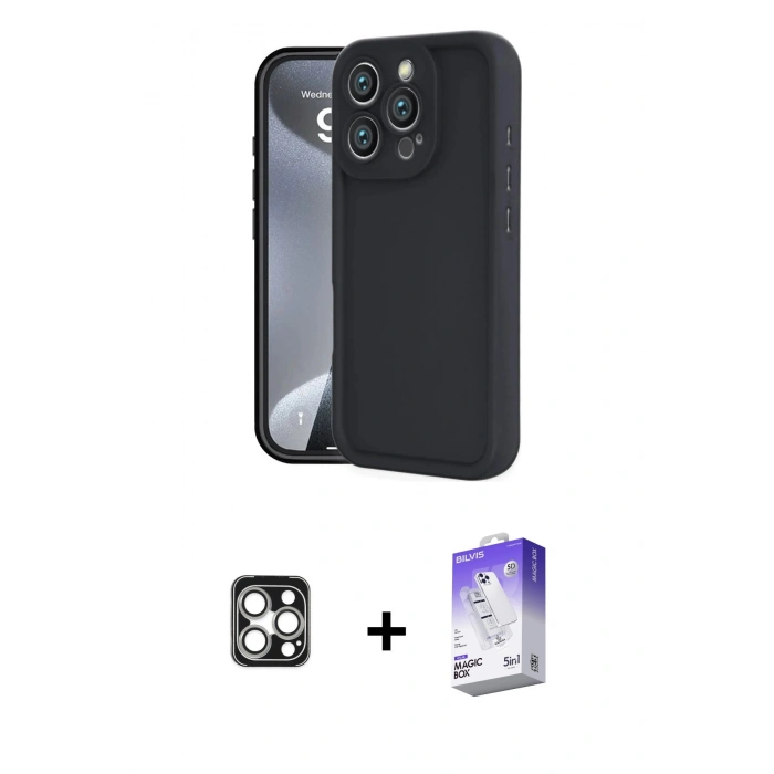 MARSİLYAN™- iPhone 16 Pro Max Kılıf Yankı Yansıma Özel Seri - Siyah Bilvis 5in1 3D Magic Cam Ekran Koruyucu + PVD Metal Kamera Lens - GS