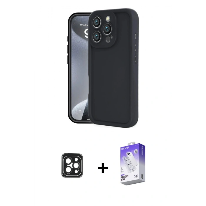 MARSİLYAN™- iPhone 16 Pro Max Kılıf Yankı Yansıma Özel Seri - Siyah Bilvis 5in1 3D Magic Cam Ekran Koruyucu + PVD Metal Kamera Lens - SH