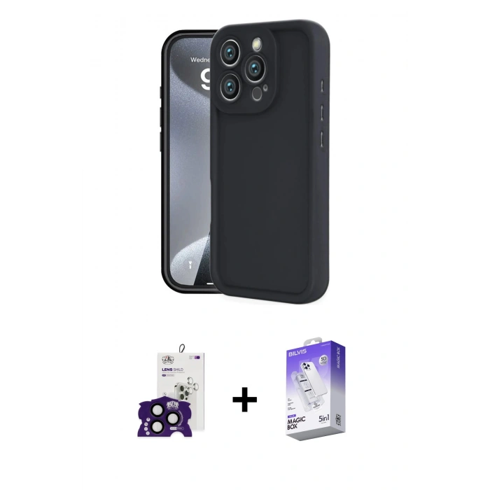 MARSİLYAN™- iPhone 16 Pro Max Kılıf Yankı Yansıma Özel Seri - Siyah Bilvis 5in1 3D Magic Cam Ekran Koruyucu + Siyah Bilvis Titan Kamera Lens