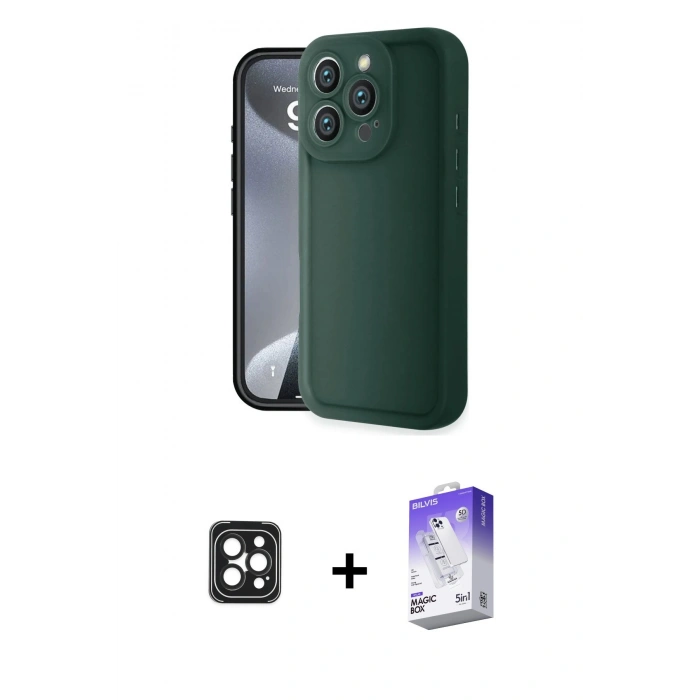 MARSİLYAN™- iPhone 16 Pro Max Kılıf Yankı Yansıma Özel Seri - Siyah Bilvis 5in1 3D Magic Cam Ekran Koruyucu + PVD Metal Kamera Lens - SH
