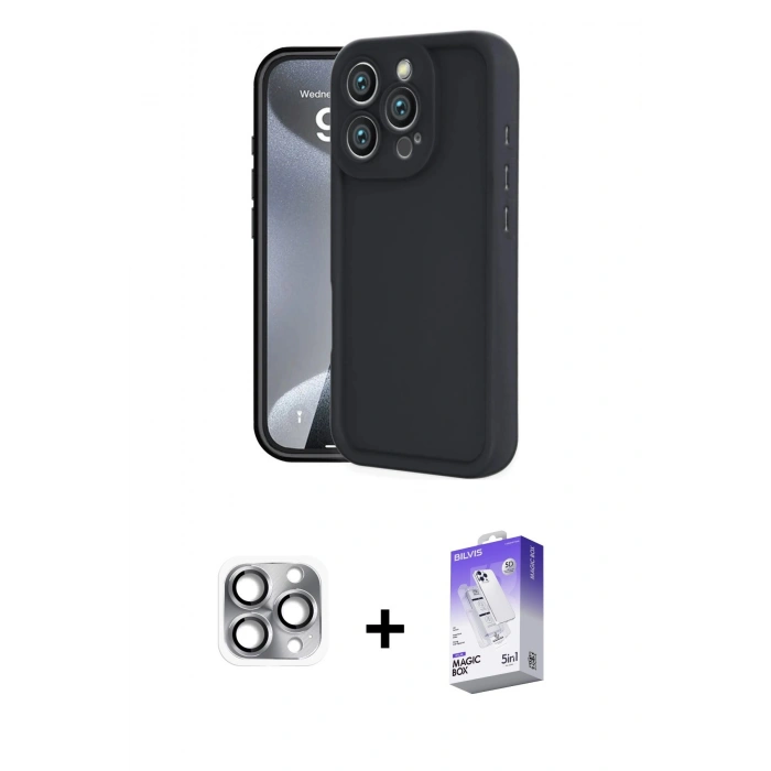 MARSİLYAN™- iPhone 16 Pro Max Kılıf Yankı Yansıma Özel Seri - Siyah Bilvis 5in1 3D Magic Cam Ekran Koruyucu + Pers Alüminyum Kamera Lens - GI