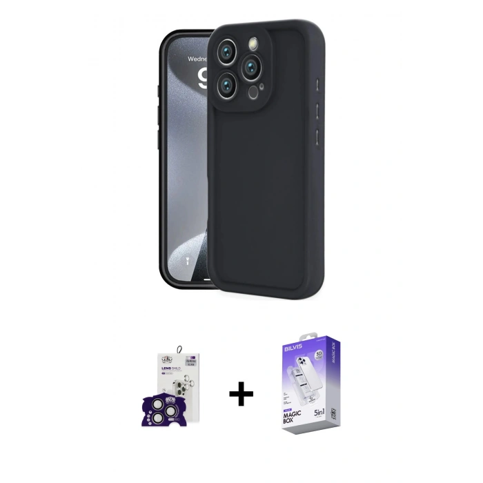 MARSİLYAN™- iPhone 16 Pro Max Kılıf Yankı Yansıma Özel Seri - Siyah Bilvis 5in1 3D Magic Cam Ekran Koruyucu + Bilvis Titan Kamera Lens - TMGI
