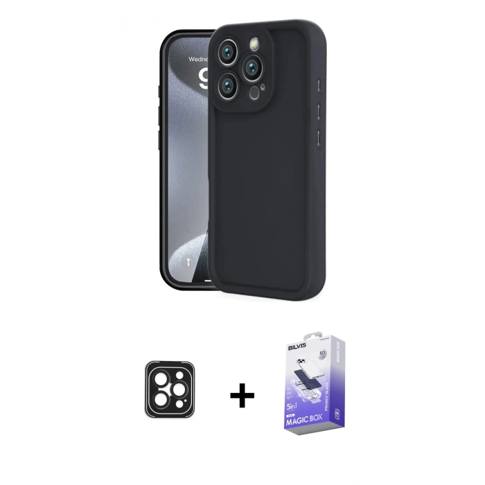 MARSİLYAN™- iPhone 16 Pro Max Kılıf Yankı Yansıma Özel Seri - Siyah Bilvis 5in1 5D Magic Hayalet Cam Ekran Koruyucu + PVD Metal Kamera Lens - SH