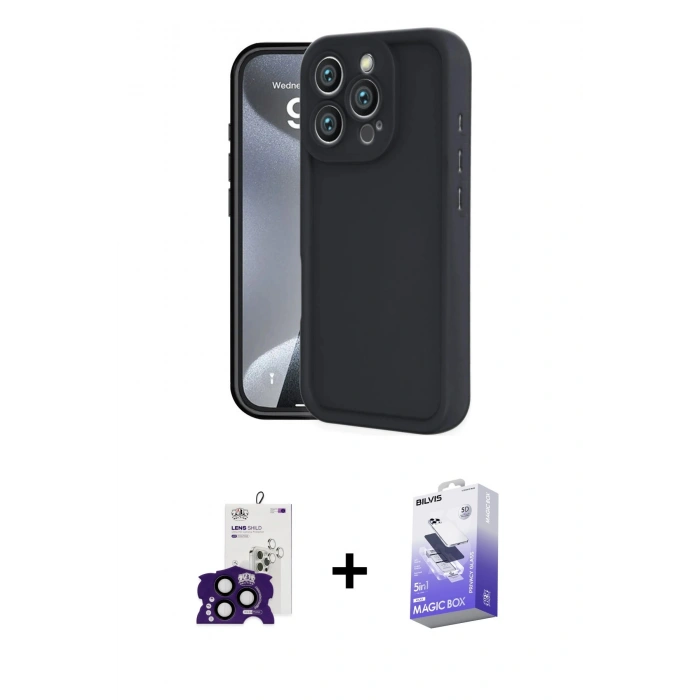 MARSİLYAN™- iPhone 16 Pro Max Kılıf Yankı Yansıma Özel Seri - Siyah Bilvis 5in1 5D Magic Hayalet Cam Ekran Koruyucu + Bilvis Titan Kamera Lens - SH