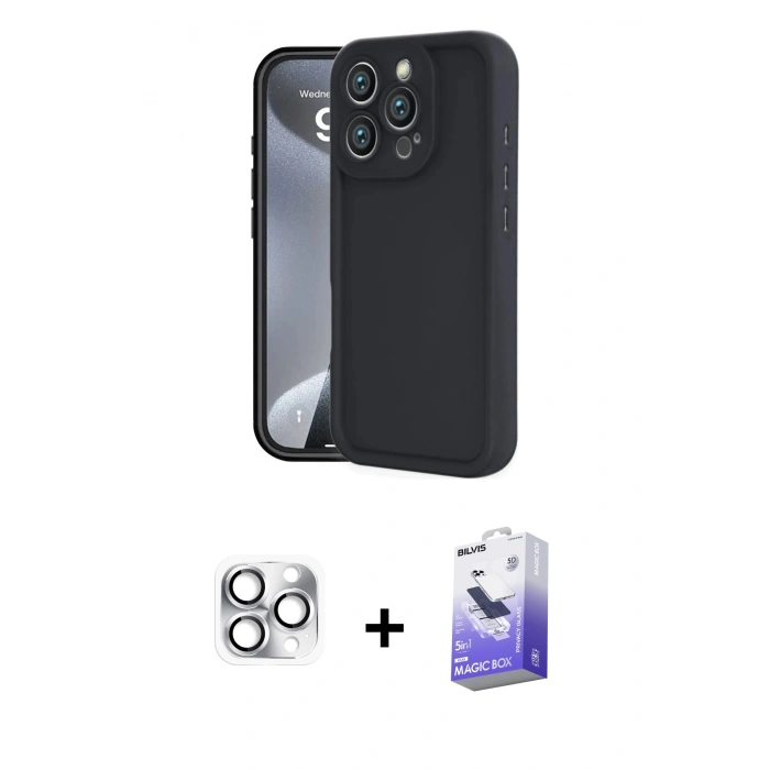 MARSİLYAN™- iPhone 16 Pro Max Kılıf Yankı Yansıma Özel Seri - Siyah Bilvis 5in1 5D Magic Hayalet Cam Ekran Koruyucu + Pers Alüminyum Kamera Lens - GS