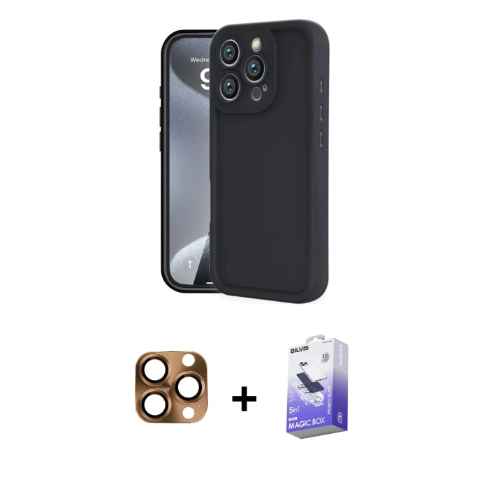 MARSİLYAN™- iPhone 16 Pro Max Kılıf Yankı Yansıma Özel Seri - Siyah Bilvis 5in1 5D Magic Hayalet Cam Ekran Koruyucu + Pers Alüminyum Kamera Lens - CLTM