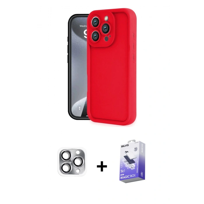 MARSİLYAN™- iPhone 16 Pro Max Kılıf Yankı Yansıma Özel Seri - Siyah Bilvis 5in1 5D Magic Hayalet Cam Ekran Koruyucu + Gri Pers Alüminyum Kamera Lens