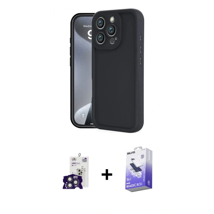 MARSİLYAN™- iPhone 16 Pro Max Kılıf Yankı Yansıma Özel Seri - Siyah Bilvis 5in1 5D Magic Hayalet Cam Ekran Koruyucu + Bilvis Titan Kamera Lens - TMGI