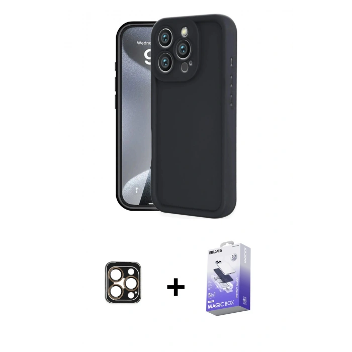 MARSİLYAN™- iPhone 16 Pro Max Kılıf Yankı Yansıma Özel Seri - Siyah Bilvis 5in1 5D Magic Hayalet Cam Ekran Koruyucu + PVD Metal Kamera Lens - GD