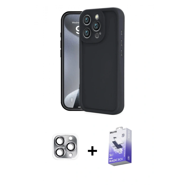 MARSİLYAN™- iPhone 16 Pro Max Kılıf Yankı Yansıma Özel Seri - Siyah Bilvis 5in1 5D Magic Hayalet Cam Ekran Koruyucu + Gri Pers Alüminyum Kamera Lens