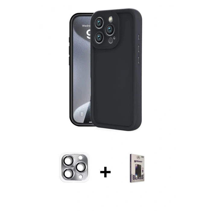 MARSİLYAN™- iPhone 16 Pro Max Kılıf Yankı Yansıma Özel Seri - Siyah Bilvis Hayalet Cam Ekran Koruyucu + Pers Alüminyum Kamera Lens - GI