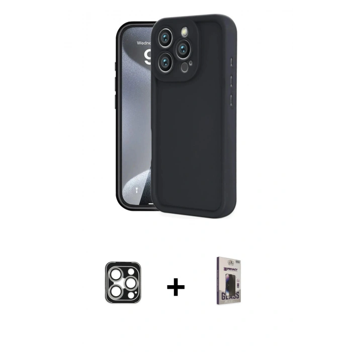 MARSİLYAN™- iPhone 16 Pro Max Kılıf Yankı Yansıma Özel Seri - Siyah Bilvis Hayalet Cam Ekran Koruyucu + PVD Metal Kamera Lens - GS