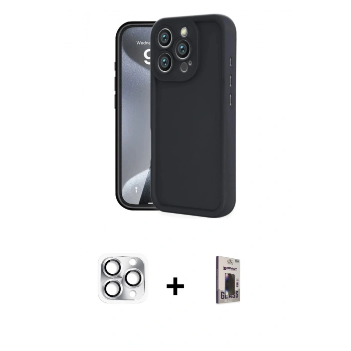 MARSİLYAN™- iPhone 16 Pro Max Kılıf Yankı Yansıma Özel Seri - Siyah Bilvis Hayalet Cam Ekran Koruyucu + Pers Alüminyum Kamera Lens - GS