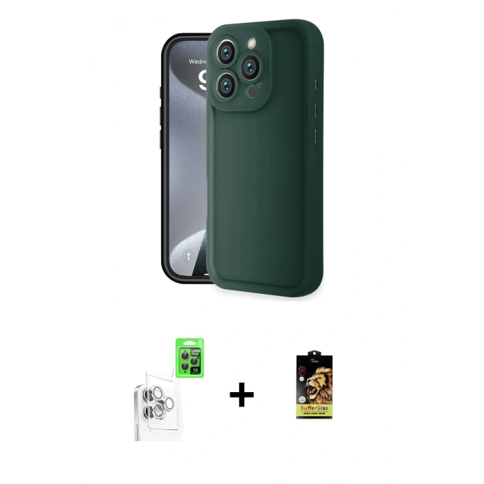 MARSİLYAN™- iPhone 16 Pro Max Kılıf Yankı Yansıma Özel Seri - Siyah Buffer Cam Ekran Koruyucu + Beyaz Raze Metal Kamera Lens