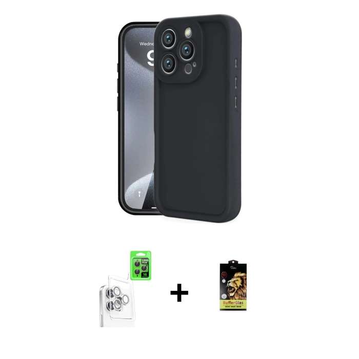 MARSİLYAN™- iPhone 16 Pro Max Kılıf Yankı Yansıma Özel Seri - Siyah Buffer Cam Ekran Koruyucu + Beyaz Raze Metal Kamera Lens