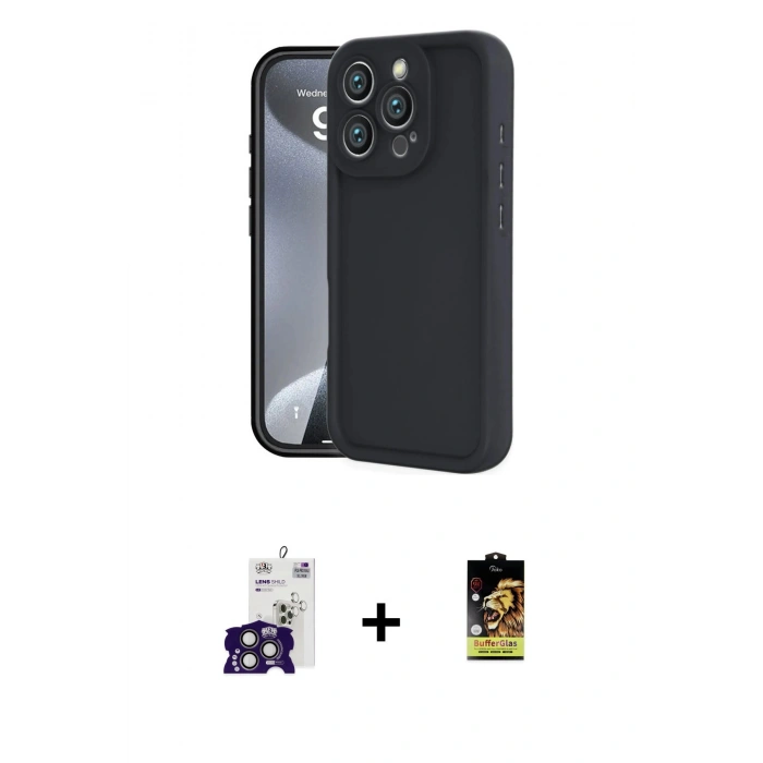 MARSİLYAN™- iPhone 16 Pro Max Kılıf Yankı Yansıma Özel Seri - Siyah Buffer Cam Ekran Koruyucu + Bilvis Titan Kamera Lens - TMGI