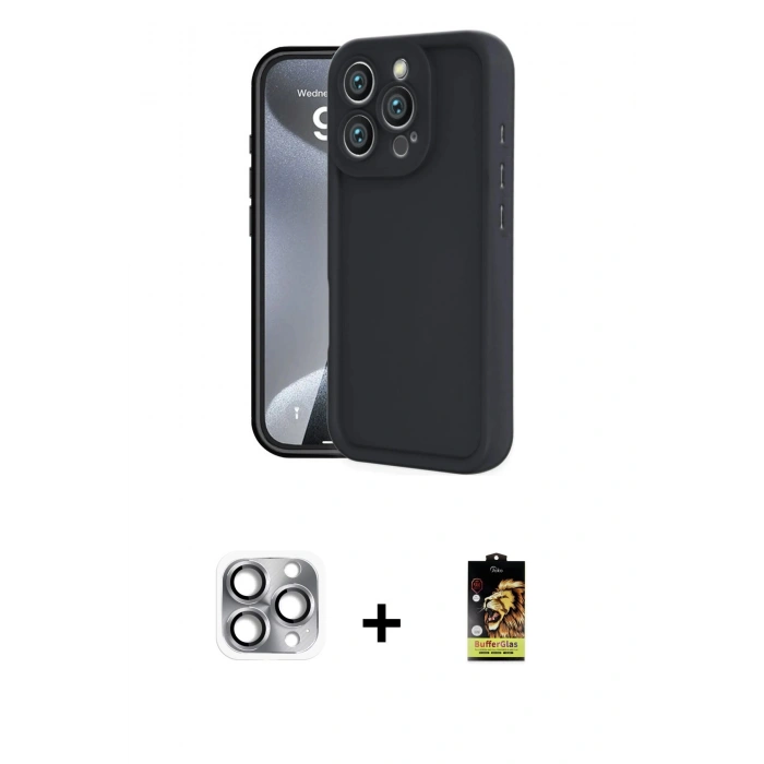MARSİLYAN™- iPhone 16 Pro Max Kılıf Yankı Yansıma Özel Seri - Siyah Buffer Cam Ekran Koruyucu + Pers Alüminyum Kamera Lens - GI