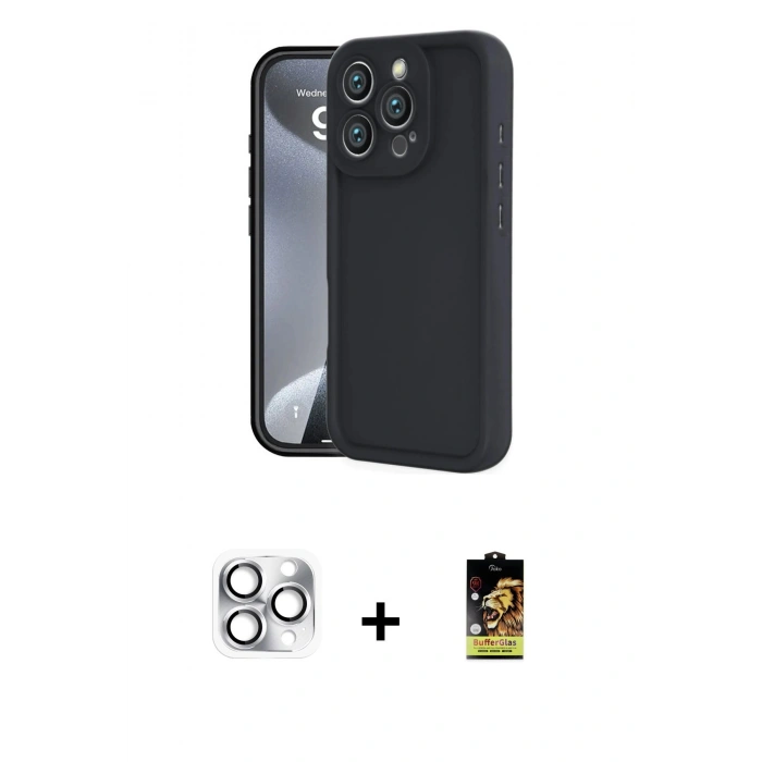 MARSİLYAN™- iPhone 16 Pro Max Kılıf Yankı Yansıma Özel Seri - Siyah Buffer Cam Ekran Koruyucu + Pers Alüminyum Kamera Lens - GS
