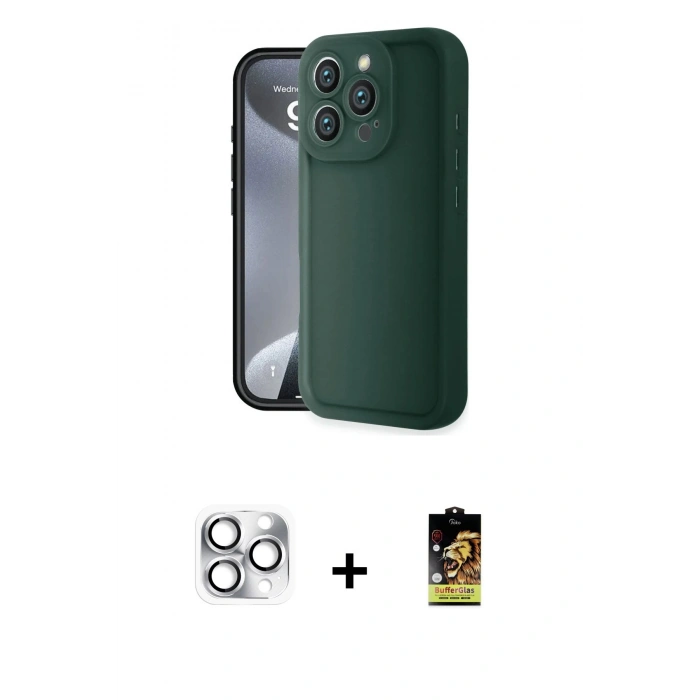 MARSİLYAN™- iPhone 16 Pro Max Kılıf Yankı Yansıma Özel Seri - Siyah Buffer Cam Ekran Koruyucu + Pers Alüminyum Kamera Lens - GS