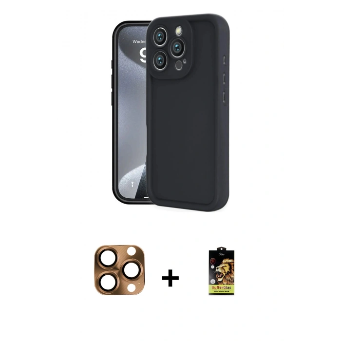 MARSİLYAN™- iPhone 16 Pro Max Kılıf Yankı Yansıma Özel Seri - Siyah Buffer Cam Ekran Koruyucu + Pers Alüminyum Kamera Lens - CLTM