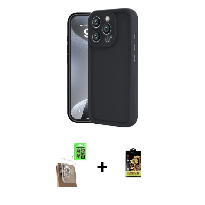 MARSİLYAN™- iPhone 16 Pro Max Kılıf Yankı Yansıma Özel Seri - Siyah Buffer Cam Ekran Koruyucu + Raze Metal Kamera Lens - CLTM