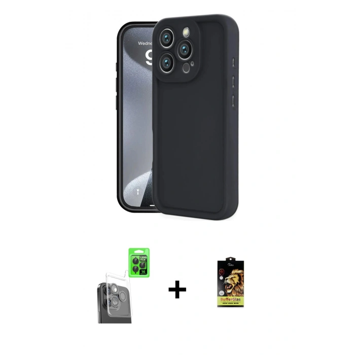 MARSİLYAN™- iPhone 16 Pro Max Kılıf Yankı Yansıma Özel Seri - Siyah Buffer Cam Ekran Koruyucu + Raze Metal Kamera Lens - SH