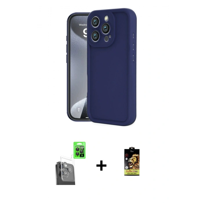 MARSİLYAN™- iPhone 16 Pro Max Kılıf Yankı Yansıma Özel Seri - Siyah Buffer Cam Ekran Koruyucu + Raze Metal Kamera Lens - SH