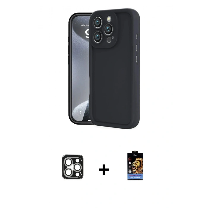 MARSİLYAN™- iPhone 16 Pro Max Kılıf Yankı Yansıma Özel Seri - Siyah Buffer Hayalet Cam Ekran Koruyucu + PVD Metal Kamera Lens - GS