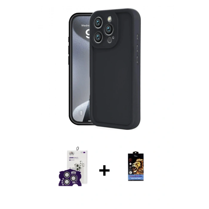 MARSİLYAN™- iPhone 16 Pro Max Kılıf Yankı Yansıma Özel Seri - Siyah Buffer Hayalet Cam Ekran Koruyucu + Bilvis Titan Kamera Lens - GS