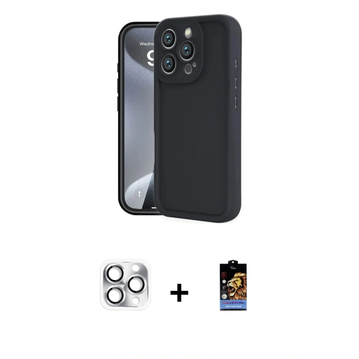 MARSİLYAN™- iPhone 16 Pro Max Kılıf Yankı Yansıma Özel Seri - Siyah Buffer Hayalet Cam Ekran Koruyucu + Pers Alüminyum Kamera Lens - GS