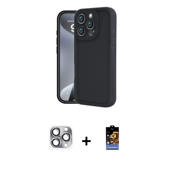 MARSİLYAN™- iPhone 16 Pro Max Kılıf Yankı Yansıma Özel Seri - Siyah Buffer Hayalet Cam Ekran Koruyucu + Pers Alüminyum Kamera Lens - GI