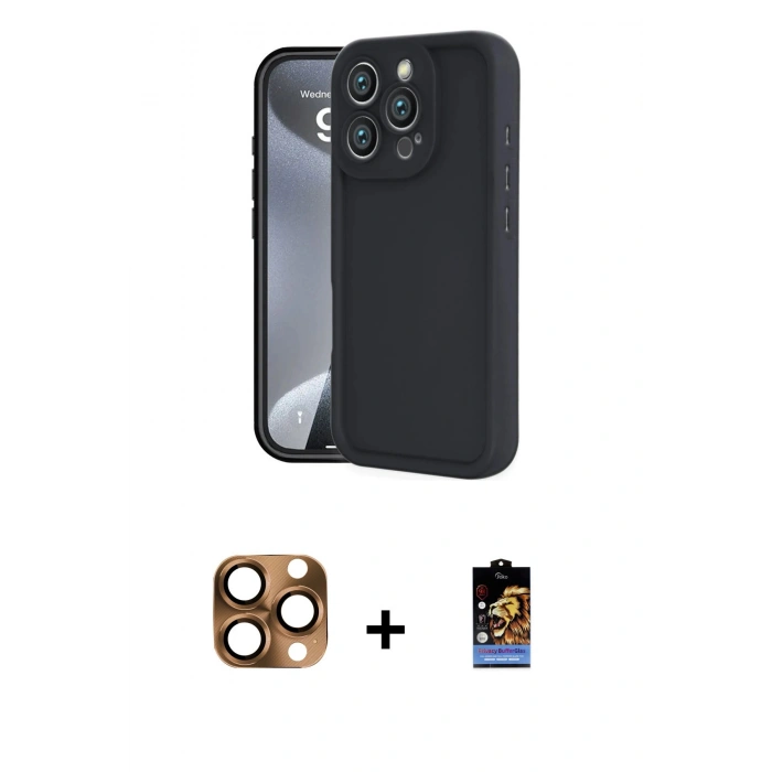 MARSİLYAN™- iPhone 16 Pro Max Kılıf Yankı Yansıma Özel Seri - Siyah Buffer Hayalet Cam Ekran Koruyucu + Pers Alüminyum Kamera Lens - CLTM