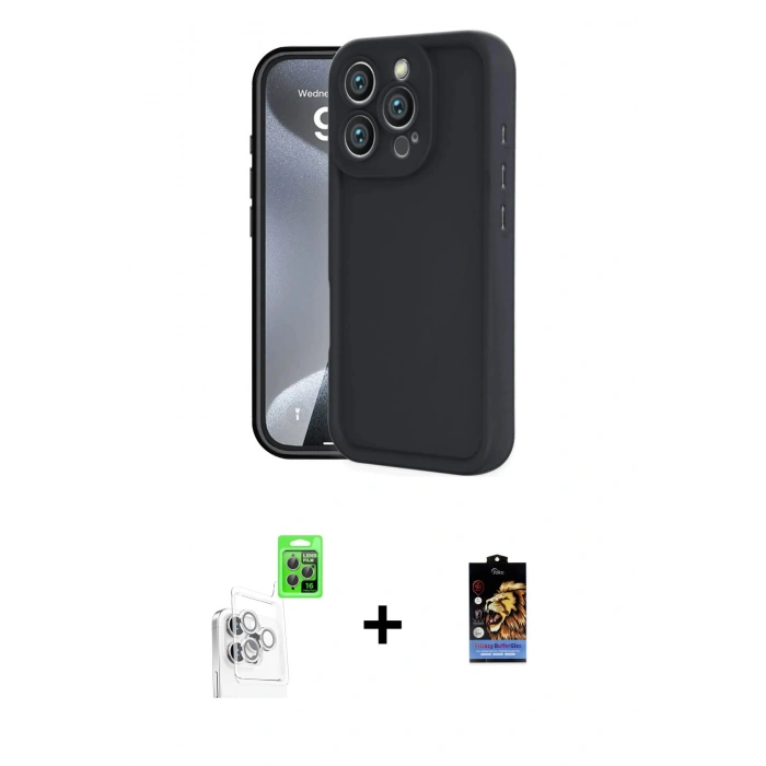 MARSİLYAN™- iPhone 16 Pro Max Kılıf Yankı Yansıma Özel Seri - Siyah Buffer Hayalet Cam Ekran Koruyucu + Raze Metal Kamera Lens - BZ
