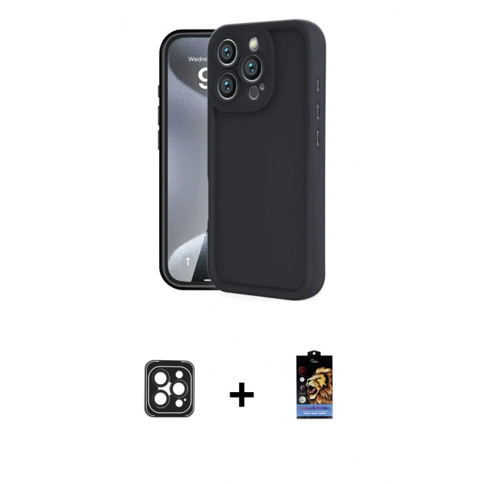 MARSİLYAN™- iPhone 16 Pro Max Kılıf Yankı Yansıma Özel Seri - Siyah Buffer Hayalet Cam Ekran Koruyucu + Siyah PVD Metal Kamera Lens