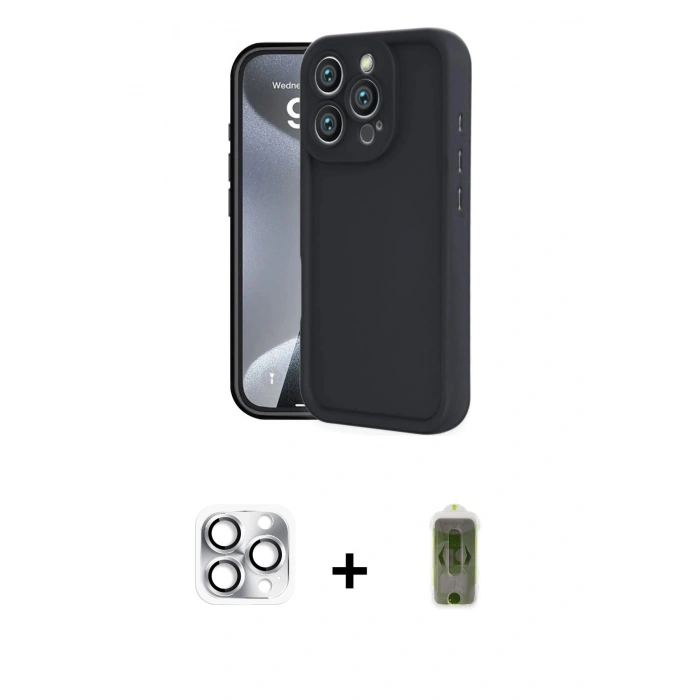 MARSİLYAN™- iPhone 16 Pro Max Kılıf Yankı Yansıma Özel Seri - Siyah Joko Magic 5D Hayalet Cam + Gümüş Pers Alüminyum Kamera Lens