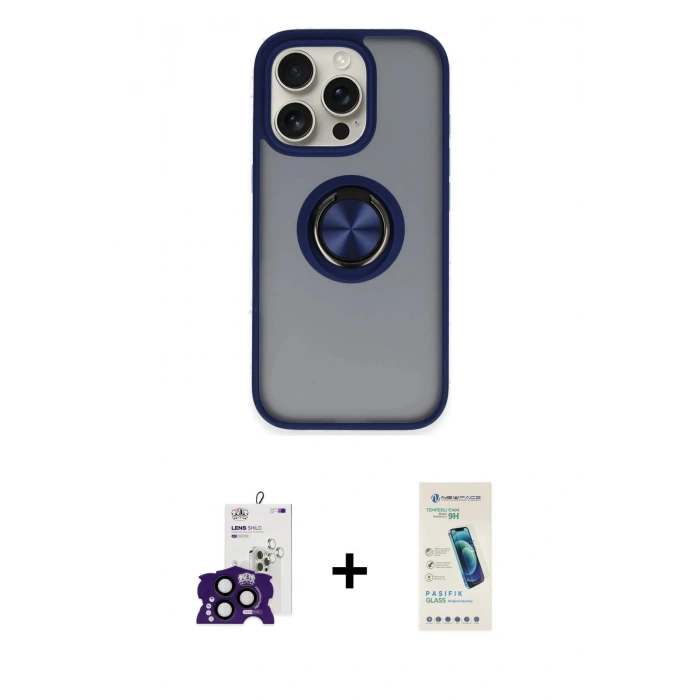 MARSİLYAN™- iPhone 16 Pro Max Kılıf Yörünge Çizgi - Şeffaf Pasifik Cam Ekran Koruyucu + Siyah Bilvis Titan Kamera Lens