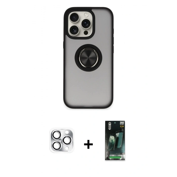 MARSİLYAN™- iPhone 16 Pro Max Kılıf Yörünge Çizgi - Siyah 360 Mat Full Body Arka Koruyucu + Pers Alüminyum Kamera Lens - GS