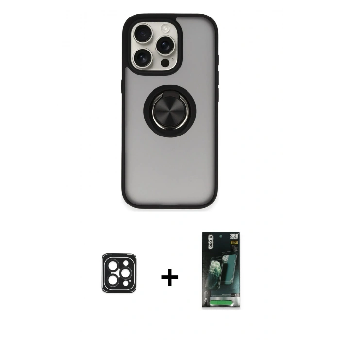 MARSİLYAN™- iPhone 16 Pro Max Kılıf Yörünge Çizgi - Siyah 360 Mat Full Body Arka Koruyucu + Siyah PVD Metal Kamera Lens