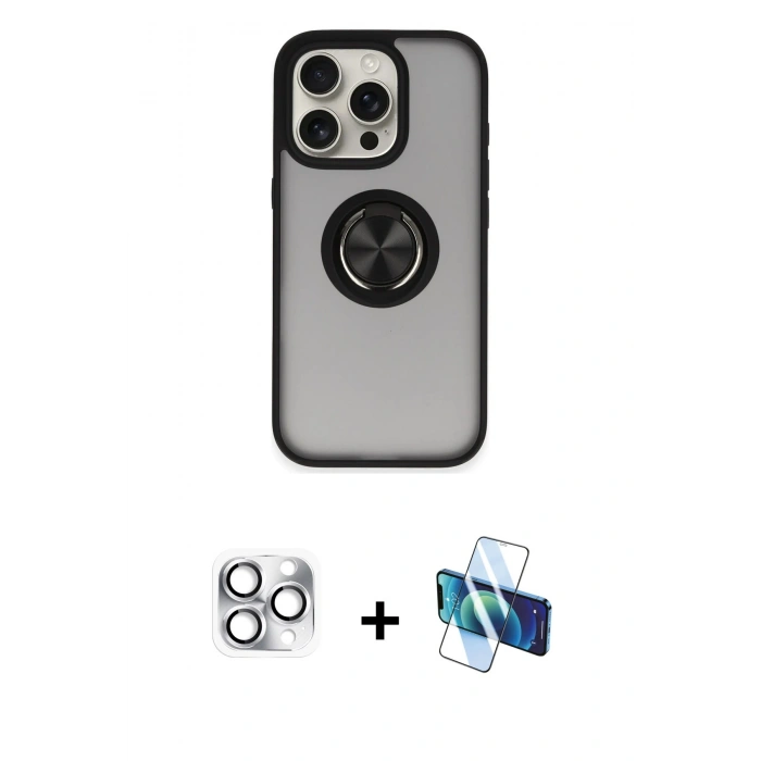 MARSİLYAN™- iPhone 16 Pro Max Kılıf Yörünge Çizgi - Siyah 3D Antistatik Cam Ekran Koruyucu + Pers Alüminyum Kamera Lens - GS