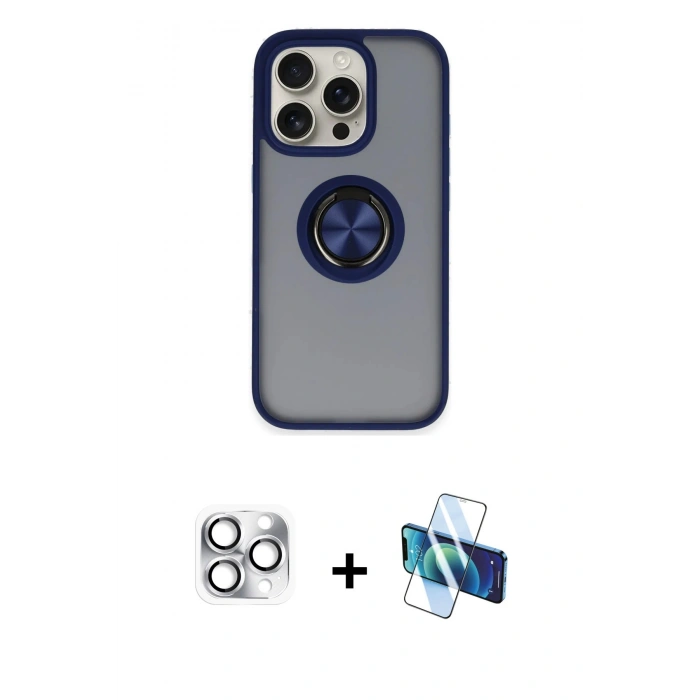 MARSİLYAN™- iPhone 16 Pro Max Kılıf Yörünge Çizgi - Siyah 3D Antistatik Cam Ekran Koruyucu + Pers Alüminyum Kamera Lens - GS