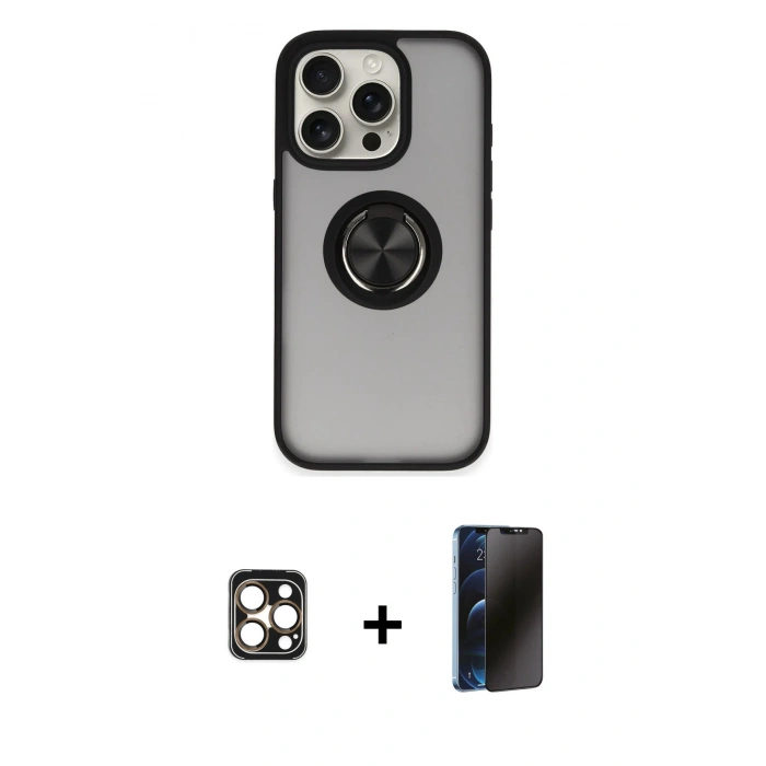 MARSİLYAN™- iPhone 16 Pro Max Kılıf Yörünge Çizgi - Siyah 3D Antistatik Hayalet Cam Ekran Koruyucu + PVD Metal Kamera Lens - GD