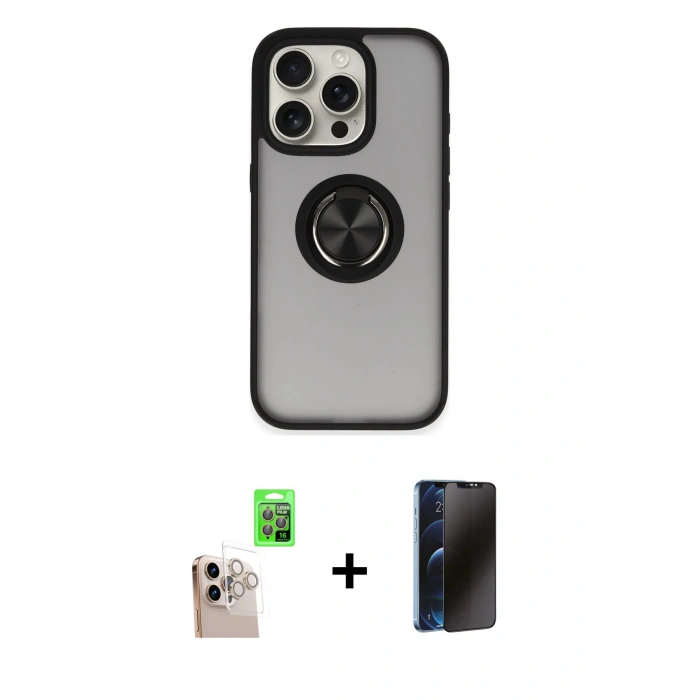 MARSİLYAN™- iPhone 16 Pro Max Kılıf Yörünge Çizgi - Siyah 3D Antistatik Hayalet Cam Ekran Koruyucu + Raze Metal Kamera Lens - NLGY