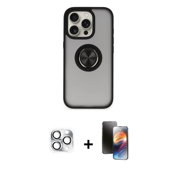 MARSİLYAN™- iPhone 16 Pro Max Kılıf Yörünge Çizgi - Siyah 3D Antistatik Mat Seramik Nano Ekran Koruyucu + Pers Alüminyum Kamera Lens - GS