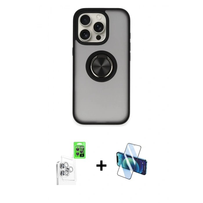 MARSİLYAN™- iPhone 16 Pro Max Kılıf Yörünge Çizgi - Siyah 3D Antistatik Seramik Nano Ekran Koruyucu + Beyaz Raze Metal Kamera Lens